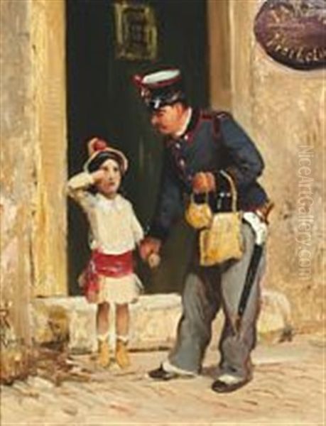 A Crying Girl Being Helped By A Roman Police Officer Oil Painting by Vilhelm Rosenstand