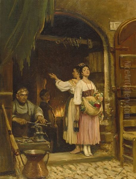 Zwei Italienerinnen Bei Der Schmiede Oil Painting by Vilhelm Rosenstand