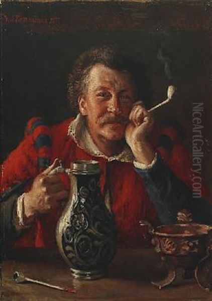 Pipe Smoking Farmhand With A Beer Mug Oil Painting by Vilhelm Rosenstand