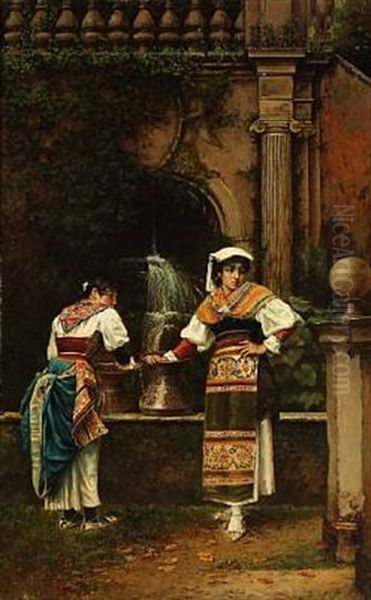 Two Italian Women Fetching Water From A Fountain Oil Painting by Vilhelm Rosenstand