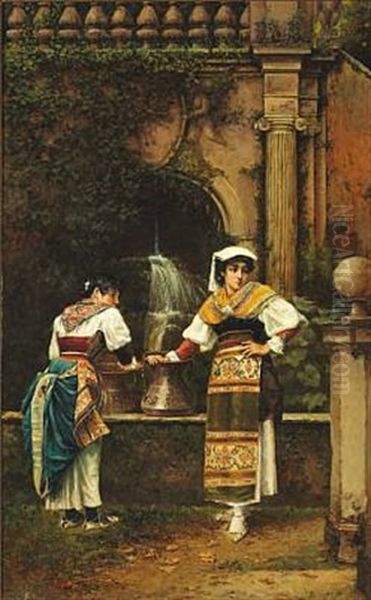 Two Italian Women Fetching Water From A Fountain Oil Painting by Vilhelm Rosenstand