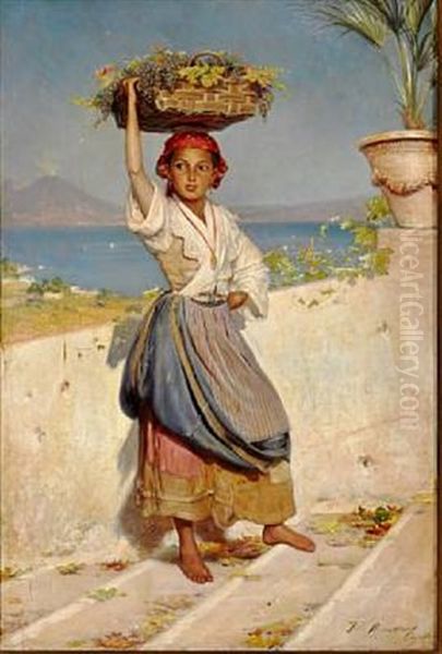 Young Woman From Capri Carrying A Basket Filled With Grapes On Her Head. In The Background Mount Vesuvius Oil Painting by Vilhelm Rosenstand