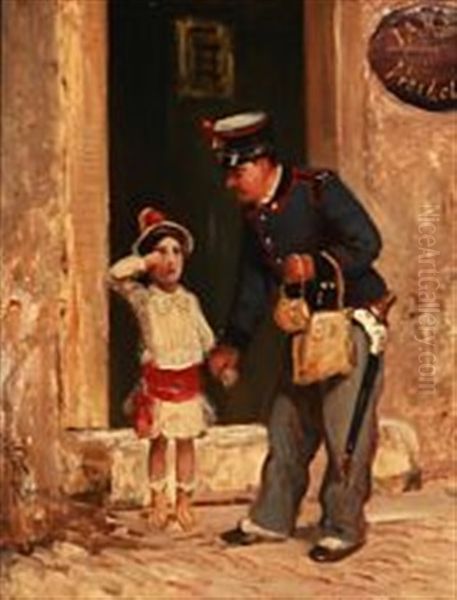 A Crying Girl Being Helped By A Roman Police Officer Oil Painting by Vilhelm Rosenstand