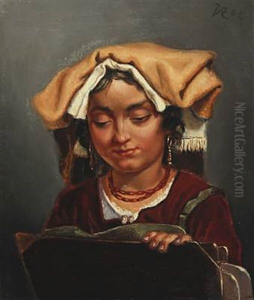 A Reading Young Italian Woman Oil Painting by Vilhelm Rosenstand