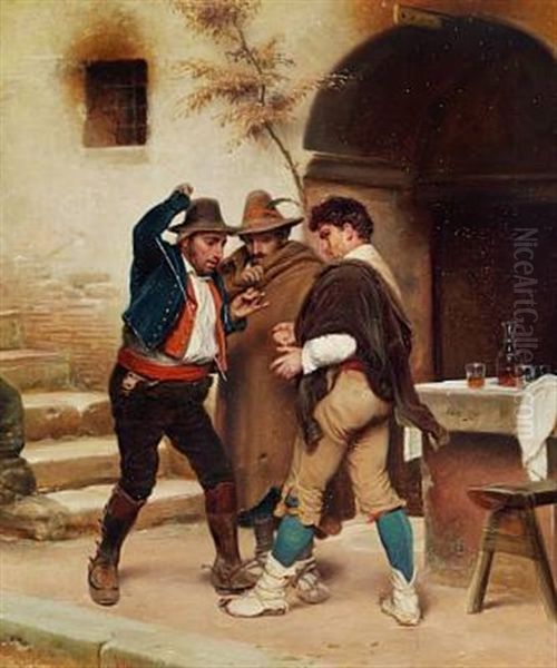 Three Roman Morra Players Oil Painting by Vilhelm Rosenstand