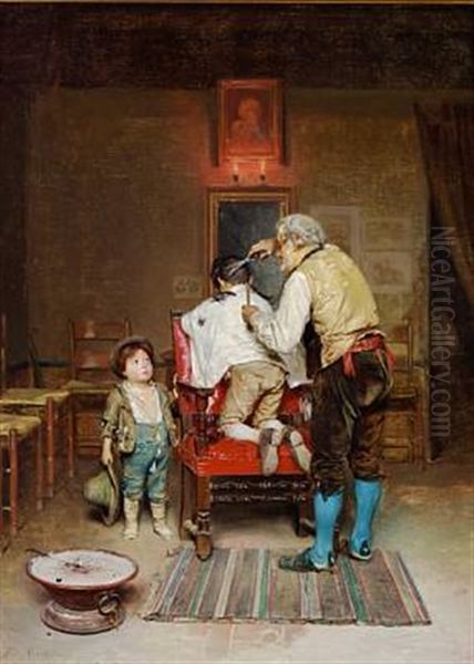 A Little Boy Is Getting A Haircut Oil Painting by Vilhelm Rosenstand