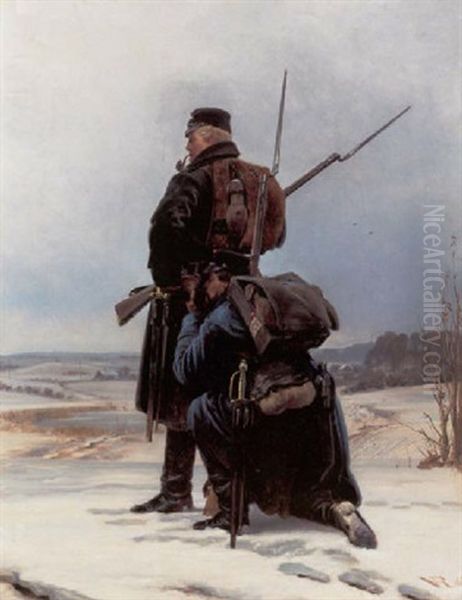 Scene Fra Trearskrigen, En Soldat Drikker Af Kammeratens Feltflaske, Vinter Oil Painting by Vilhelm Rosenstand