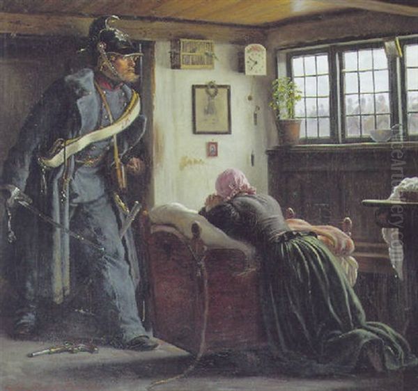 Krigsscene Med Soldat Og Ung Pige Oil Painting by Vilhelm Rosenstand