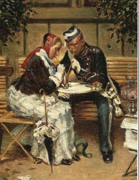 Soldat Og Hans Pige Siddende Udenfor Cafe A Porta, Drikkende Chokolade Oil Painting by Vilhelm Rosenstand