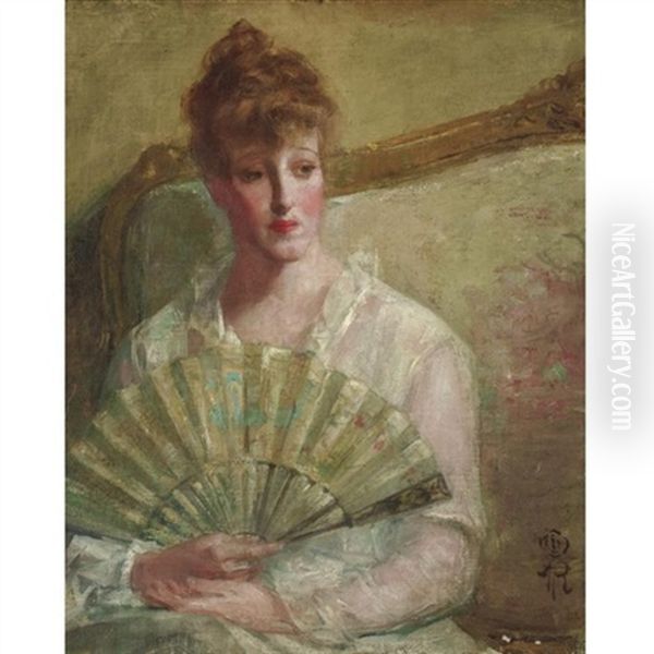 Portrait Of A Lady With A Fan Oil Painting by Albert Rosenthal