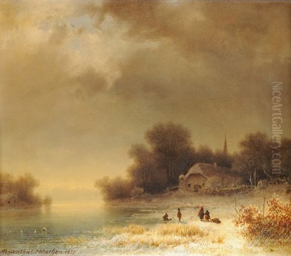 Winterstimmung Mit Spielenden Kindern Oil Painting by August Rosenthal