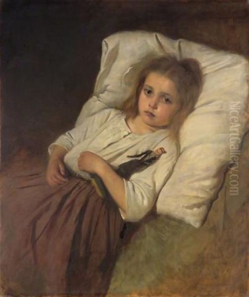 A Little Girl Lying On A Bed, With Her Doll Oil Painting by Tobias Edward Rosenthal