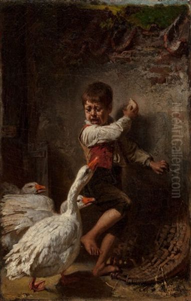 Boy Frightened By Geese, 1877 Oil Painting by Tobias Edward Rosenthal