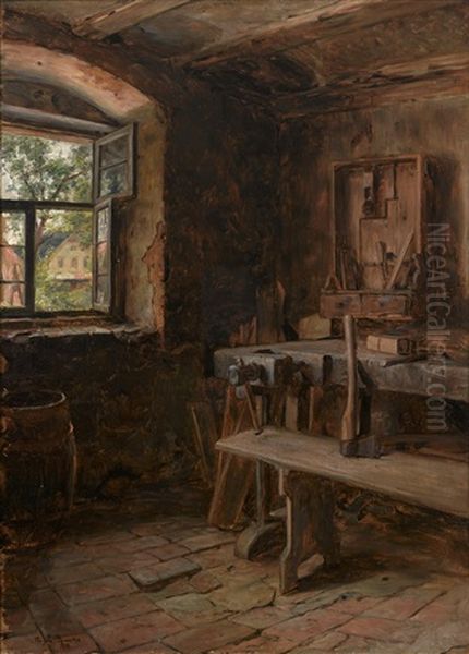 Interior Of A Woodcarver's Shop Oil Painting by Tobias Edward Rosenthal