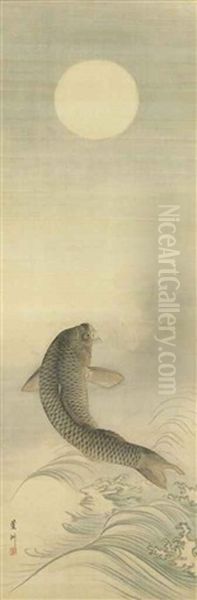 Carp Jumping Out Of Water Under The Moon Oil Painting by Nagasawa Roshu