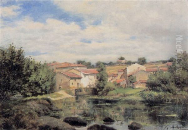 Village Au Bord De L'etang Oil Painting by Amedee Rosier