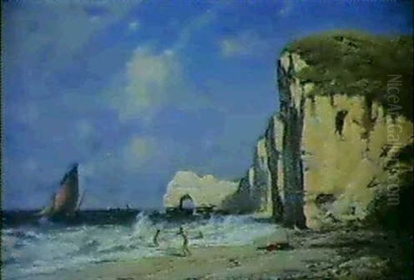 Plage D'etretat Animee Oil Painting by Amedee Rosier