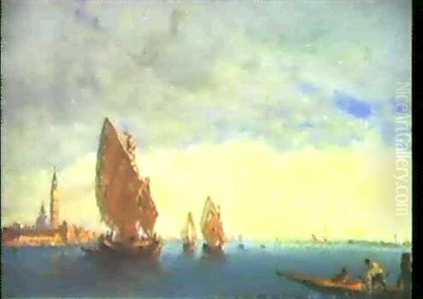 Segelboote Vor Venedig. Oil Painting by Amedee Rosier