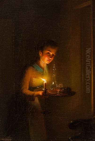 Young Woman With Candlelight Glow Oil Painting by Johannes Rosierse