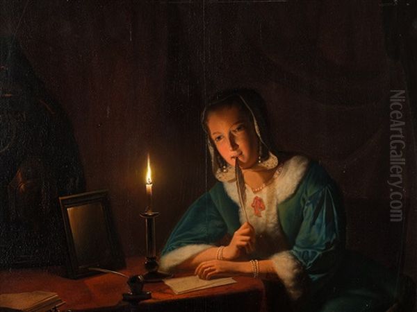 Girl By Candlelight Oil Painting by Johannes Rosierse