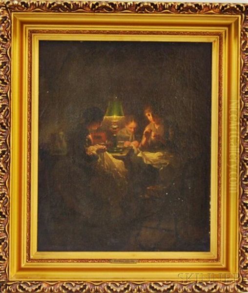 Women Sewing By Candlelight Oil Painting by Johannes Rosierse