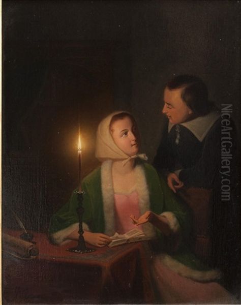 Scene Galante A La Lecture A La Bougie Oil Painting by Johannes Rosierse