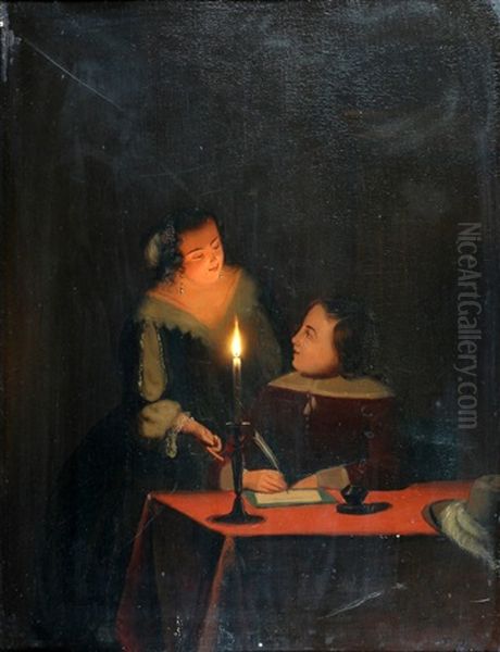 Een Jong Koppel Bij Kaarslicht Oil Painting by Johannes Rosierse