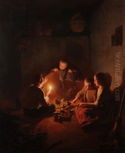 Kinder Mit Kuken Im Stall Bei Kerzenschein Oil Painting by Johannes Rosierse