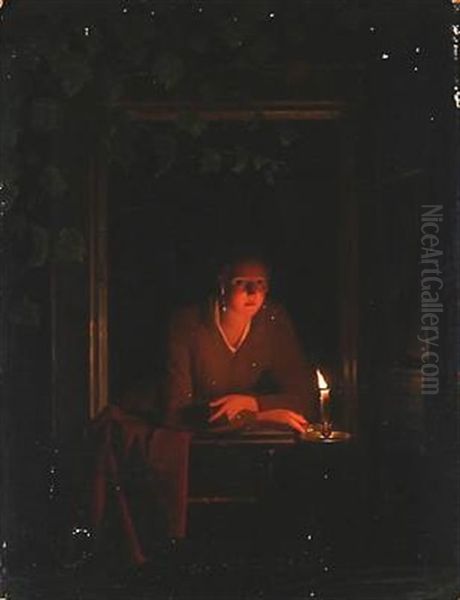 A Girl With A Candle Light In A Window At Night Oil Painting by Johannes Rosierse