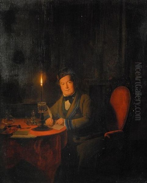 Gentleman Reading By Candlelight Oil Painting by Johannes Rosierse