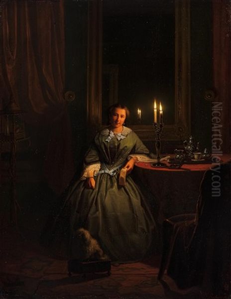 Young Woman At A Table By Candlelight Oil Painting by Johannes Rosierse