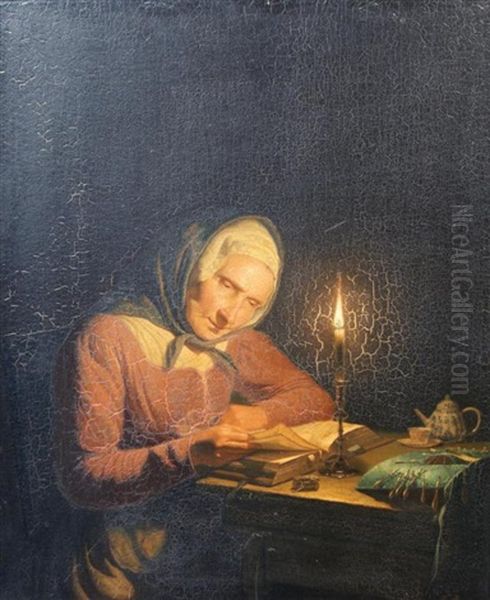 Old Woman With Candlelight Oil Painting by Johannes Rosierse