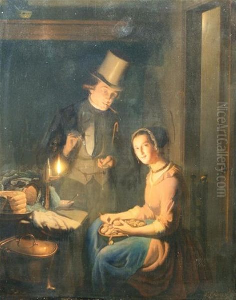 Aardappelschillende Vrouw Met Heer In Het Duister Oil Painting by Johannes Rosierse