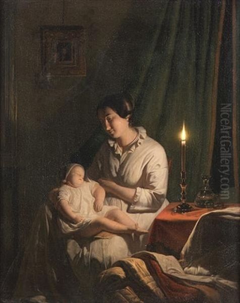 Mother And Child By Candlelight Oil Painting by Johannes Rosierse