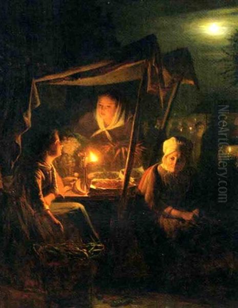 Nocturne: Selling Berries On The Evening Market Oil Painting by Johannes Rosierse