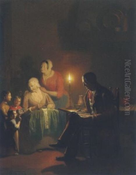 Familienidylle Bei Kerzenlicht Oil Painting by Johannes Rosierse