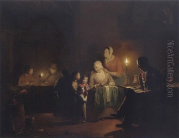 Familienidylle Bei Kerzenlicht Oil Painting by Johannes Rosierse