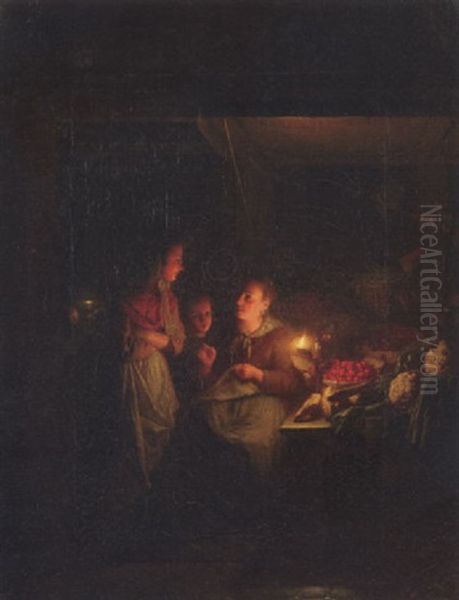 A Candlelit Market Oil Painting by Johannes Rosierse