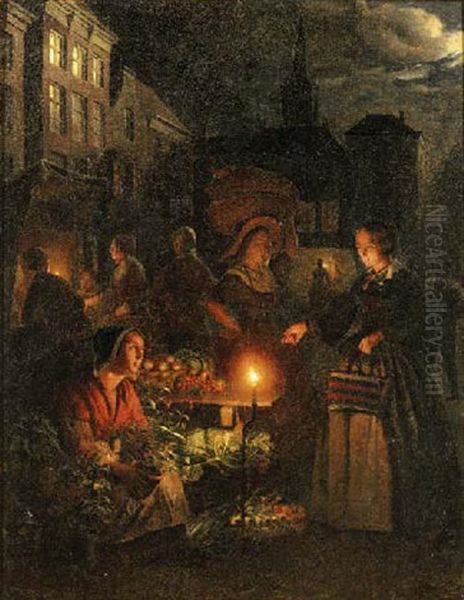 The Market Stall By Lamplight Oil Painting by Johannes Rosierse