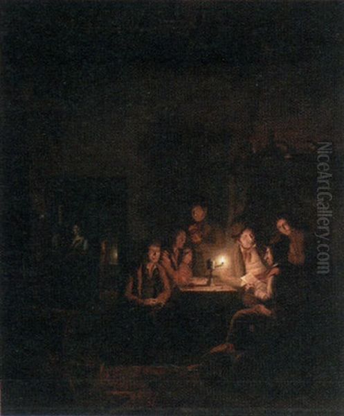 Figures Reading By Candlelight Oil Painting by Johannes Rosierse