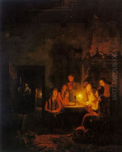 Figures Reading By Candlelight Oil Painting by Johannes Rosierse