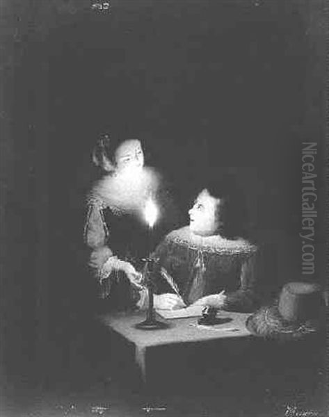 A Couple Writing A Letter By Candlelight Oil Painting by Johannes Rosierse