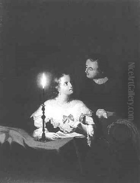 A Couple Reading A Book By Candlelight Oil Painting by Johannes Rosierse