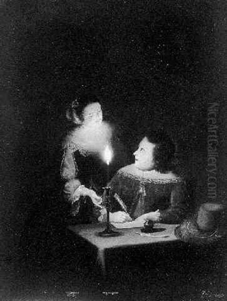 A Couple Writing A Letter By Candlelight Oil Painting by Johannes Rosierse