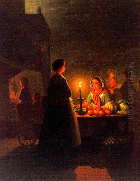 An Evening Market Oil Painting by Johannes Rosierse