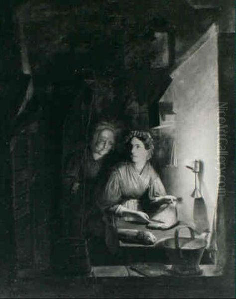 A Fishmonger By The Light Of An Oillamp Oil Painting by Johannes Rosierse