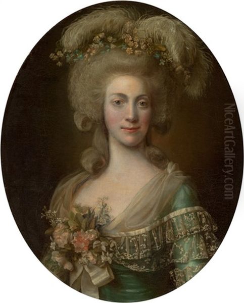 Portrait Of A Lady, Half-length, Wearing A Green Dress Trimmed With Lace And Her Hair Adorned Oil Painting by Alexander Roslin