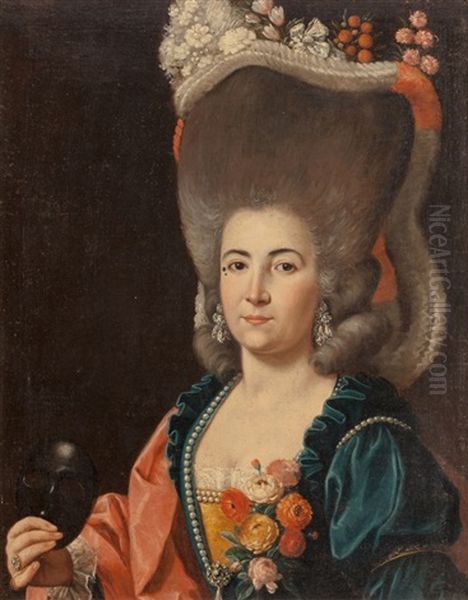 Portrait Of A Lady With Her Hair Adorned With Flowers, Holding A Mask by Alexander Roslin