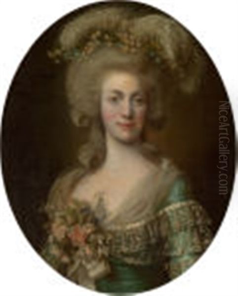 Portrait Of A Lady, Half-length, Wearing A Green Dress Trimmed With Lace And Her Hair Adorned With Ostrich Feathers Oil Painting by Alexander Roslin