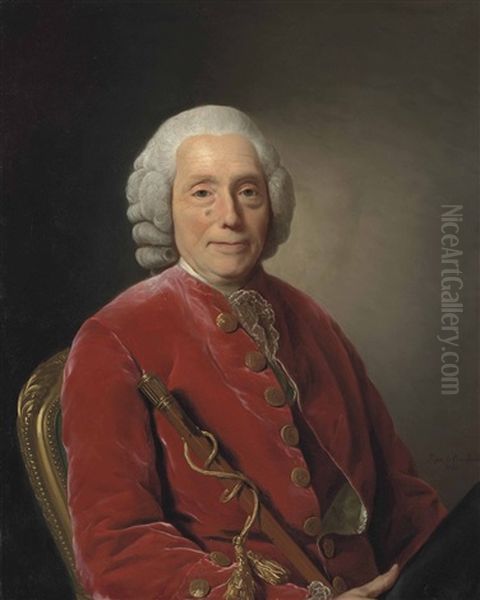 Portrait Of Adrien Jacques Puissant (1699-1782), Half-length, In A Red Velvet Coat With Gold Buttons And A Lace Cravat Oil Painting by Alexander Roslin